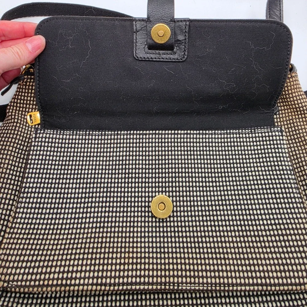 Fossil Crossbody Bag Black Cream Woven Fabric Leather Messenger Brass Hardware